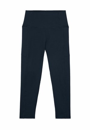 Schwarze Leggings mit hoher Taille, Seitentaschen und sichtbaren Nähten, entwickelt für sportliche oder legere Anlässe.