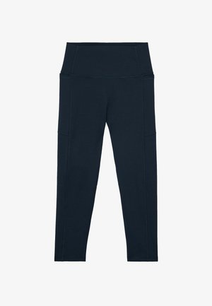 Leggings negros de cintura alta con bolsillos laterales y costuras visibles, diseñados para uso activo o casual.