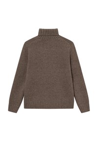 Καφέ πλεκτό πουλόβερ με ψηλό ριμπ γιακά, μακριά μανίκια και χαλαρή εφαρμογή. Το ύφασμα έχει υφασμάτινη εμφάνιση με διακριτές πινελιές.