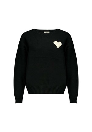 Pull noir à manches longues, col rond, avec un ourlet côtelé. Présente un détail en forme de coeur blanc et flou sur la zone gauche de la poitrine. Texture douce.