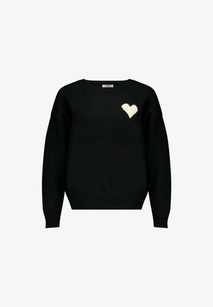 Zwarte trui met een ronde hals, geribbelde manchetten en zoom, met een wit, pluizig hartontwerp op de linkerborst.