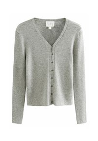 Grauer gerippter Cardigan mit langen Ärmeln, V-Ausschnitt und Knopfverschluss. Hat eine weiche Textur und eine lockere Passform.