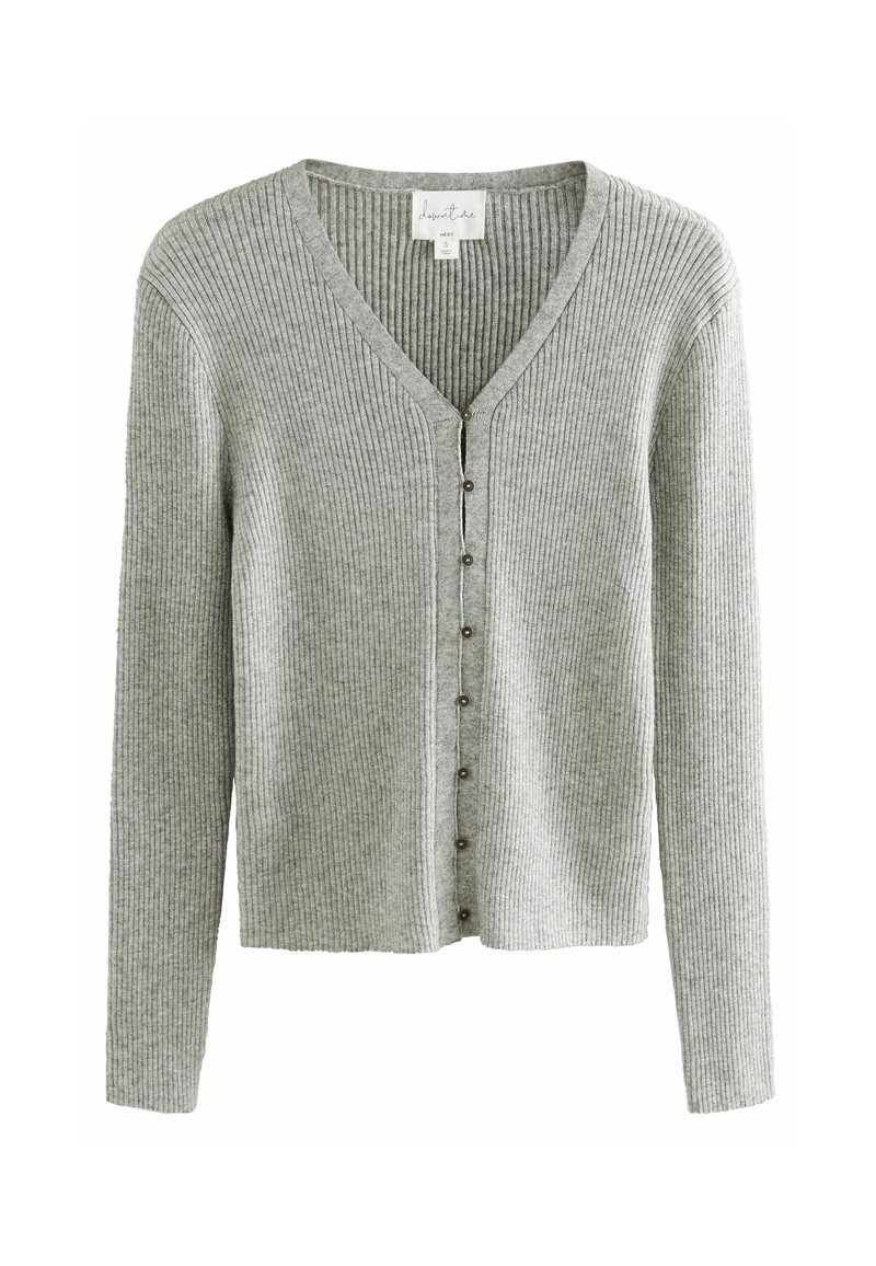 Grauer gerippter Cardigan mit langen Ärmeln, V-Ausschnitt und Knopfverschluss. Hat eine weiche Textur und eine lockere Passform.