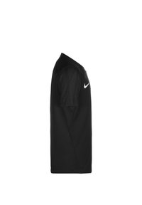 T-shirt sportivo nero a maniche corte, realizzato in tessuto leggero. Presenta un logo Nike bianco sul petto e aperture laterali per la traspirabilità.