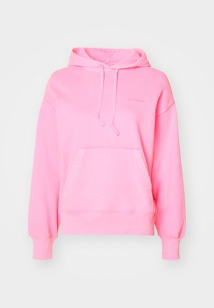 Roze hoodie met een kangoeroezak, verstelbare trekkoord, ribgebreide manchetten en zoom, met een subtiele logo op de voorkant. Zachte stofstructuur.