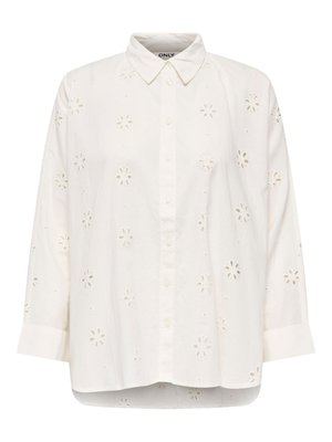 Fehér, hosszú ujjú, gombos ing virágmintás kivágott hímzéssel, galléros nyakkivágással és enyhén íves szegéllyel.