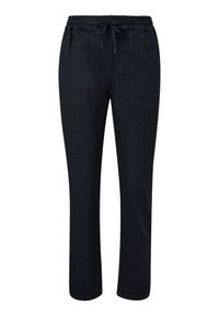 Pantalon noir à fines rayures avec cordon de serrage, taille élastique, coupe droite et détails subtils sur les coutures.