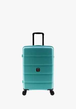 Hard-shell koffer in teal met een textuurontwerp. Voorzien van een uitschuifbare zwarte hendel, een zijlogo en vier draaiwielen voor mobiliteit.