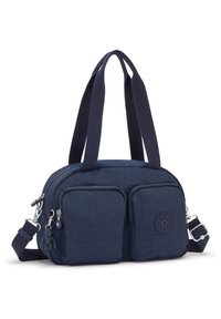 Borsa a tracolla in nylon blu navy con due tasche frontali con zip, due manici superiori e una tracolla regolabile. Patella con logo notevole e dettagli in metallo.