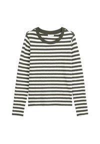 Long-sleeve crew neck shirt with alternating olive green and white horizontal stripes, made of soft cotton fabric.