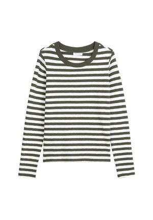 Long-sleeve crew neck shirt with alternating olive green and white horizontal stripes, made of soft cotton fabric.