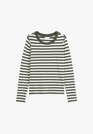 Maglietta a maniche lunghe con collo tondo, caratterizzata da righe orizzontali alternate verde oliva e bianche, realizzata in morbido tessuto di cotone.