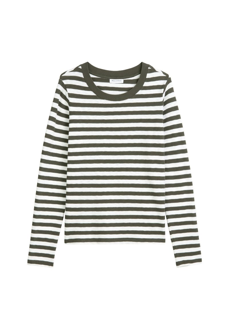 Maglietta a maniche lunghe con collo tondo, caratterizzata da righe orizzontali alternate verde oliva e bianche, realizzata in morbido tessuto di cotone.