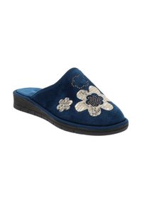 Pantofole in velluto blu navy con accenti floreali in paillettes. Forma sagomata con soletta imbottita e suola in gomma nera per una migliore aderenza.