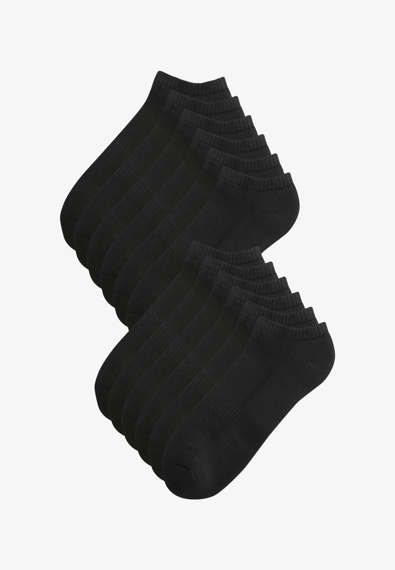 Ensemble de douze chaussettes noires basses pour cheville disposées en deux rangées superposées sur fond blanc.