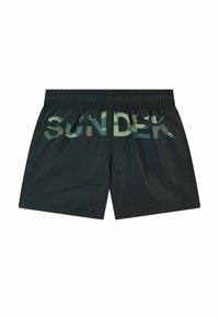 Pantaloni da mare neri con motivo mimetico caratterizzati dalla scritta "SUNDEK" sul retro. Vita elasticizzata, tessuto leggero e lunghezza corta.