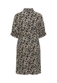 Black and beige patterned dress with short sleeves, ruffled cuffs, a belted waist, and a knee-length cut. Features a collared neckline.