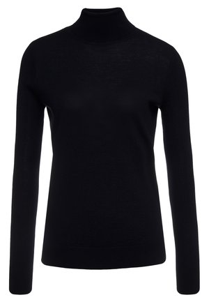 Pull col roulé noir à manches longues, silhouette ajustée et texture côtelée aux manches et à l’ourlet.
