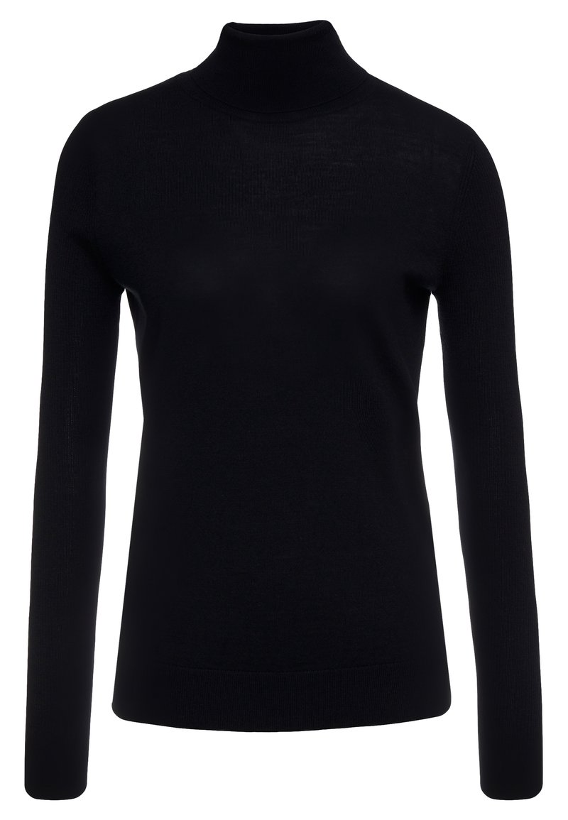 Pull col roulé noir à manches longues, silhouette ajustée et texture côtelée aux manches et à l’ourlet.