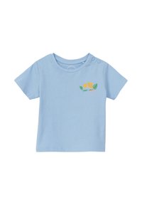 Lichtblauw baby T-shirt met een citroen- en loofafbeelding en de tekst "Sunny Times Ahead" op de borst, met twee drukknopen op de schouders.
