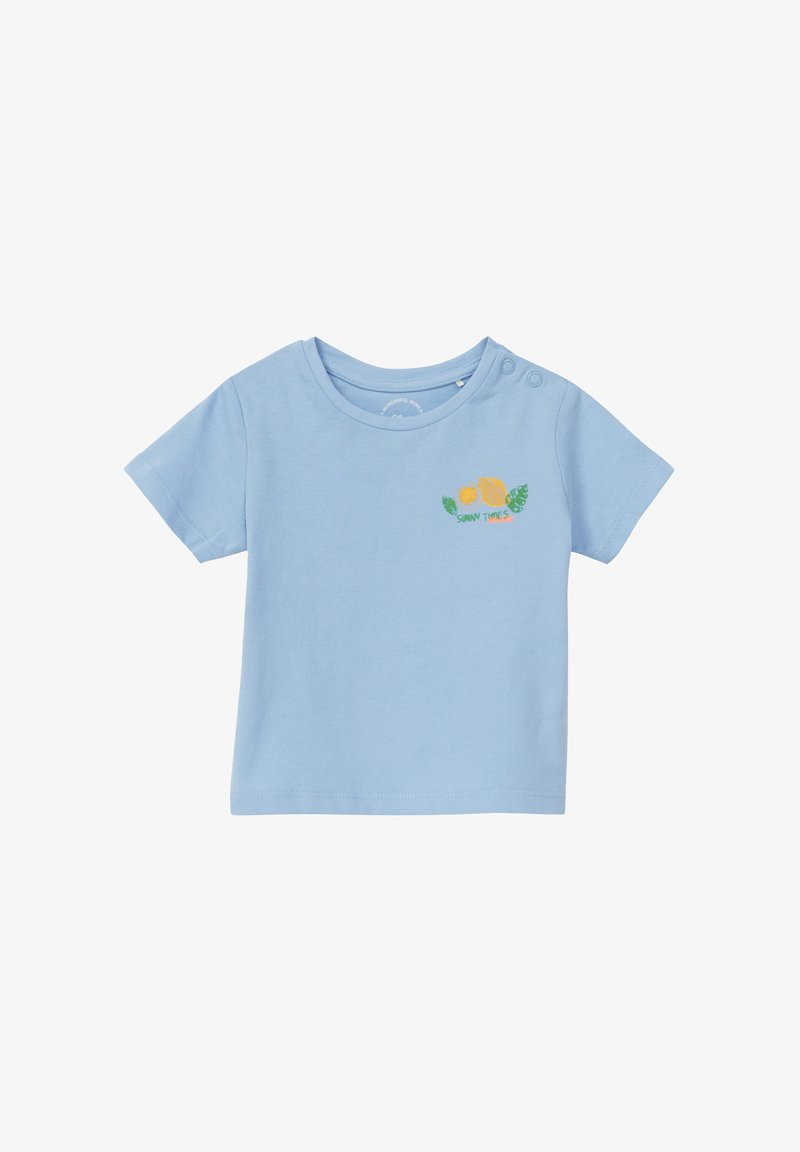 Helles blaues Baby-T-Shirt mit einem Grafikdesign von Zitrone und Blatt sowie dem Text "Sonnige Zeiten voraus" auf der Brust, ausgestattet mit zwei Druckknöpfen an der Schulter.