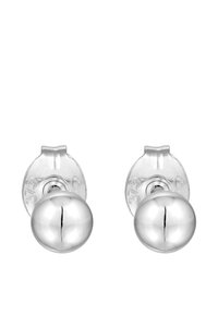 S ølv metal stud øreringe med sfærisk design og poleret overflade, udstyret med sikker bagning og subtil gravering på stangen.