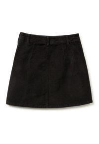 Černá manšestrová sukně s přiléhavým pasem, A-liniovým střihem, předními složeninami a lemováním nad střední částí stehna. Obsahuje zip a poutka na pásek.