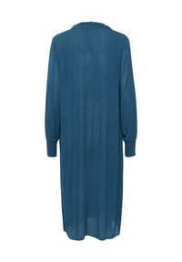 Türkises, langärmeliges Kleid aus leichtem Stoff. Mit gerafftem Ausschnitt und elastischen Bündchen. Fließende, gerade Silhouette.