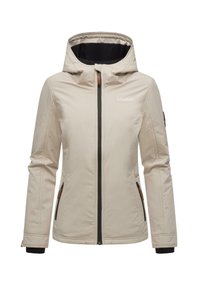 Light beige jacket with a fitted design, attached hood, black lining, two zippered front pockets, visible stitching, and logo detail.