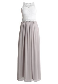 Ärmelloses langes Kleid mit bodenlanger, weißer Spitzenoberteil und einem hellgrauen, flatternden Chiffonrock, mit hohen Ausschnitt und gewelltem Spitzenabschluss.