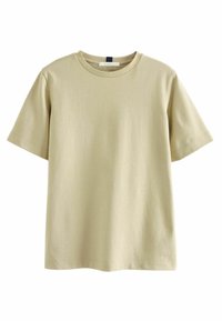 Khaki puuvillasta valmistettu t-paita, jossa on lyhyet hihat, pyöreä kaula-aukko ja sileä pinta; kaula-aukossa on etiketti ja yksinkertainen muotoilu.