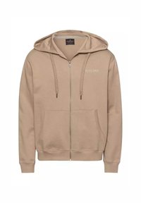 Beżowa bluza z kapturem na zamek, wykonana z miękkiego materiału, z przednią kieszenią, sznurkami do regulacji oraz detalem logo na klatce piersiowej. Widoczny strukturalny materiał wewnętrzny.