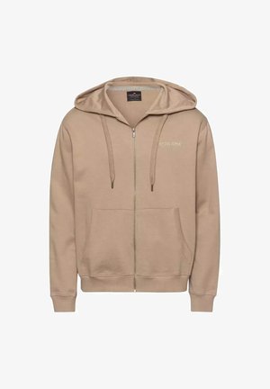 Beżowa bluza z kapturem na zamek, wykonana z miękkiego materiału, z przednią kieszenią, sznurkami do regulacji oraz detalem logo na klatce piersiowej. Widoczny strukturalny materiał wewnętrzny.