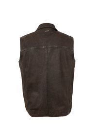 Braune Lederweste mit glatter Textur, ausgestattet mit einem klassischen Kragen und auffälligen Nähten entlang der Nähte. Rückansicht gezeigt.