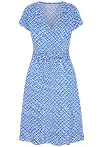 Blå omlotklänning med korta ärmar, med ett vågmönster i vitt. Tillverkad av mjukt tyg, har den en figursydd midja och en utsvängd kjol.