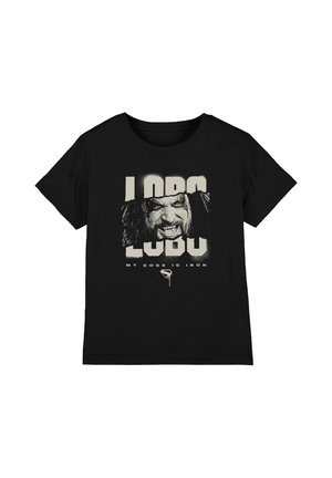 Black short-sleeve t-shirt with a graphic of a snarling face, bold text "LORD LODU," and smaller text "MY CODE IS IRON" below.