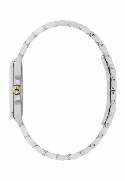 Reloj de acero inoxidable con un acabado pulido, caja ovalada y una pulsera de eslabones plateados. Presenta un detalle en dorado en la corona y una textura suave.