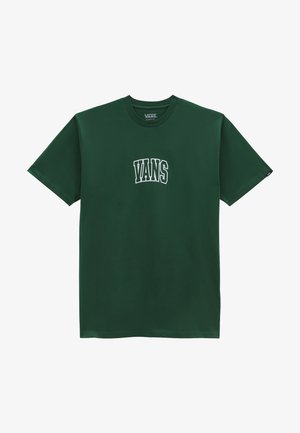 T-shirt Vans vert foncé à manches courtes avec logo Vans blanc centré sur la poitrine et une petite étiquette noire sur la manche gauche.