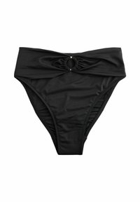 Črne bikinke z visokim pasom, izdelane iz gladkega materiala, ki se ponašajo z zasnovo z dvignjenim sprednjim delom in okroglo zlatno dekoracijo na sredini.