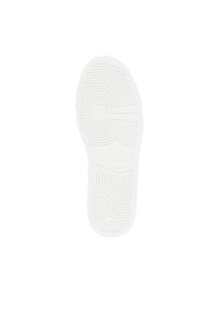 Semelle de chaussure en caoutchouc blanc avec des rainures texturées et des motifs circulaires, ornée d'accents en relief et d'un détail de marque au centre.