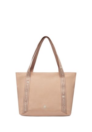 Beige taske med lange håndtag med teksten "Beverly Hills Polo Club" og lille logo nederst i midten.