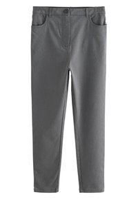 Pantalon gris en mélange de coton à coupe slim, doté d'une fermeture frontale à boutons, de deux poches latérales et d'une texture lisse.