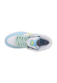 High-top sneakers in light blue and white, featuring textured leather, a padded collar, and a contrasting yellow logo. Laces are green and patterned.