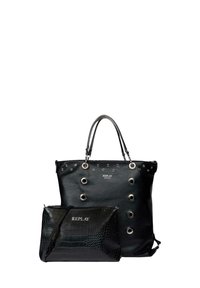 Ensemble de sac fourre-tout en cuir noir et petit sac à épaule, avec des œillets en argent et des logos Replay. Petit sac texturé avec un motif crocodile.