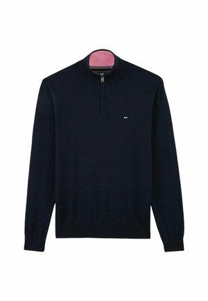 Pull-over tricot navy avec un col zippé et des poignets côtelés. Équipé d'un col intérieur rose contrastant et d'un petit logo sur la poitrine.