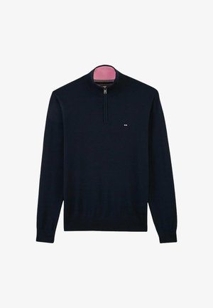 Pull-over tricot navy avec un col zippé et des poignets côtelés. Équipé d'un col intérieur rose contrastant et d'un petit logo sur la poitrine.