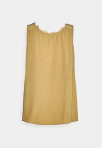 Bezramenný top v hořčicově žluté barvě, vyrobený z hladkého materiálu. Má lemování s vlnitým krajkovým okrajem podél výstřihu a volný střih.