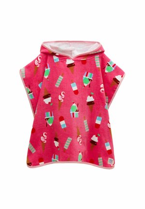 Kinder Kapuzenhandtuch-Poncho in Rosa mit bunten Eiscreme- und Lutscher-Motiven, aus weichem, saugfähigem Stoff.