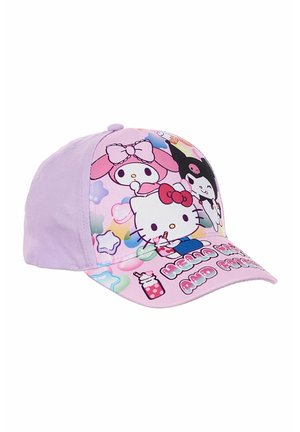 Hellviolette Kappe mit Hello Kitty und Freunden, bunten Sternen und Getränken sowie dem Text „Hello Kitty and Friends“ am Schirm.