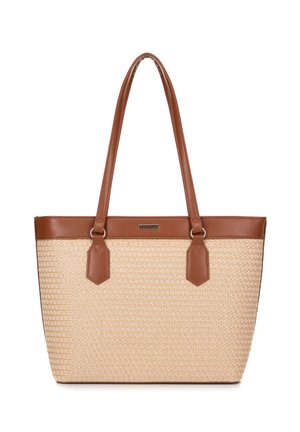 Beige geflochtene Tragetasche mit braunen Lederakzenten und -griffen. Sie hat eine strukturierte Form, zwei obere Griffe und dekorative Nähte.